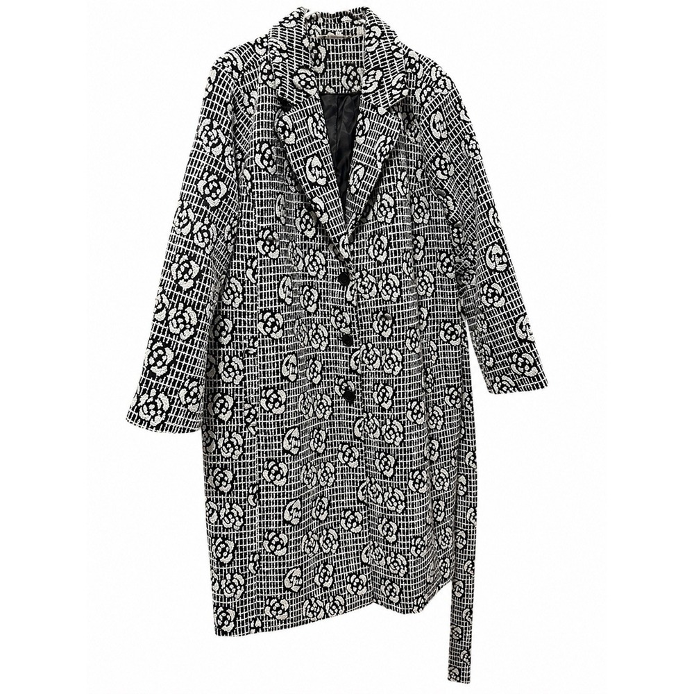Soft Surroundings 2X NWT Black White Floral Jacquard Belted Long Coat